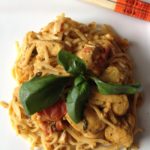 Single Girl’s Dinner Saver – Thai peanut chicken curry with coconut milk, plum tomatoes, and fresh basil