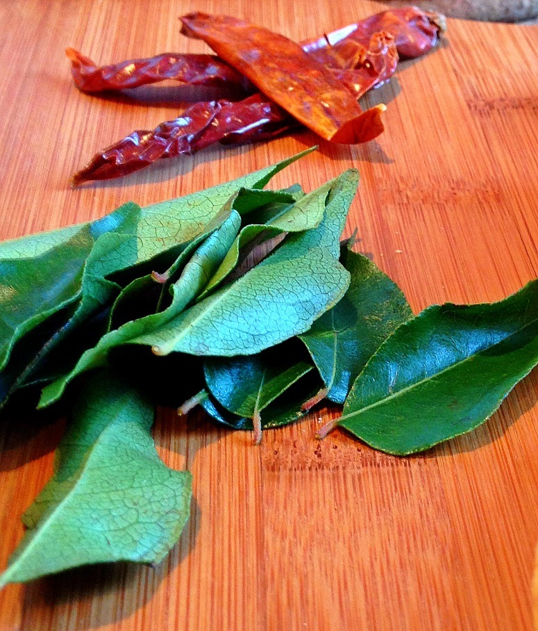 Fresh curry leaves (kari patha) and dry red chillies