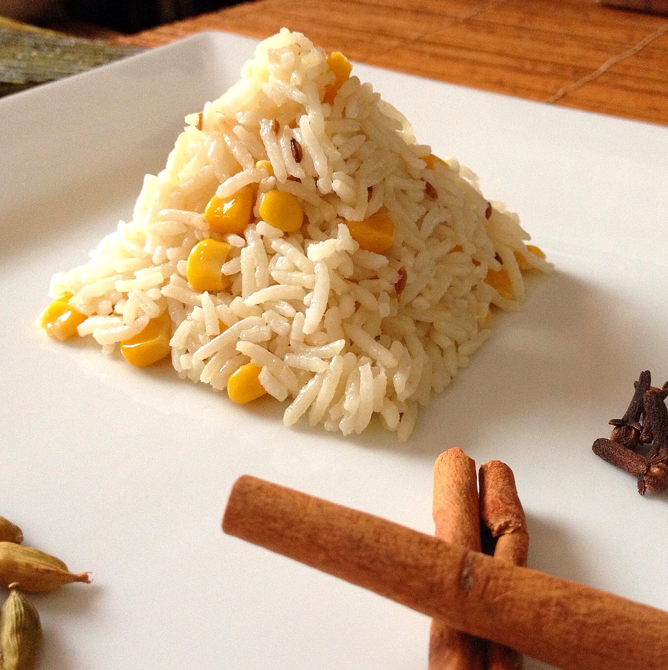 Coconut corn pulao: basmati rice with whole spices, coconut milk, and sweet corn