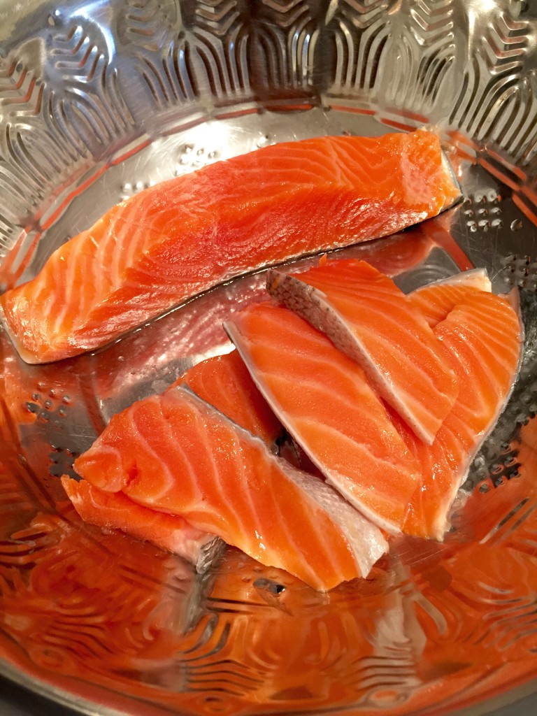 Salmon filets sliced lengthwise
