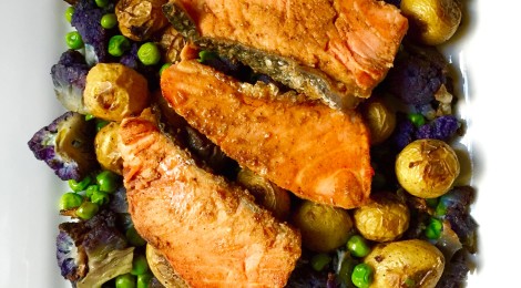 Weeknight Dinner Saver: Salmon Tikka over oven-roasted Honey Gold baby potatoes, purple cauliflower, and green peas