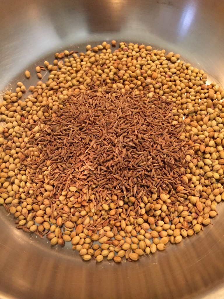 Dry roast whole coriander seeds and cumin seeds