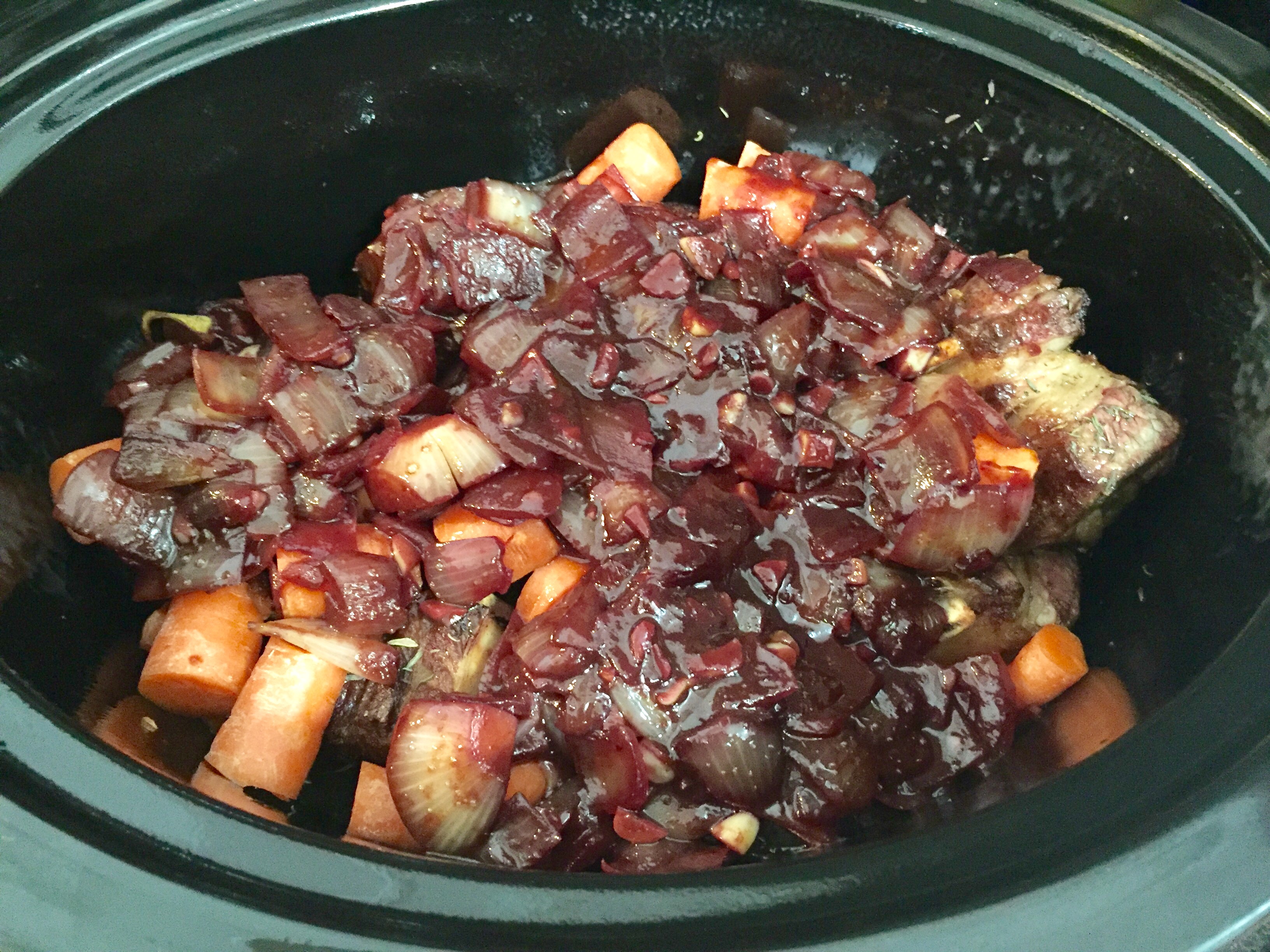 Red wine education over short ribs in slow cooker