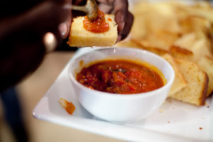 Cornbread with tomato chutney by Chef Marcus Samuelsson of Red Rooster Harlem.