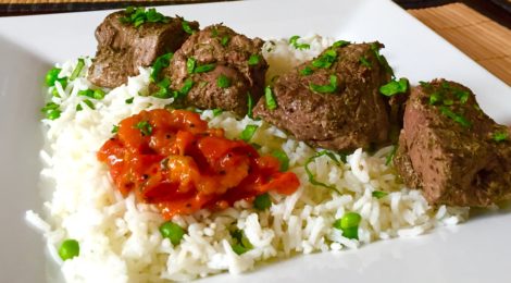 Summer Supper: Grilled Lamb Kebabs with Tomato Chutney Over Basmati Rice