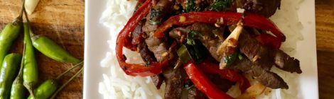 Super Spicy Thai-Style Beef with Basil and Chillies over Basmati Rice