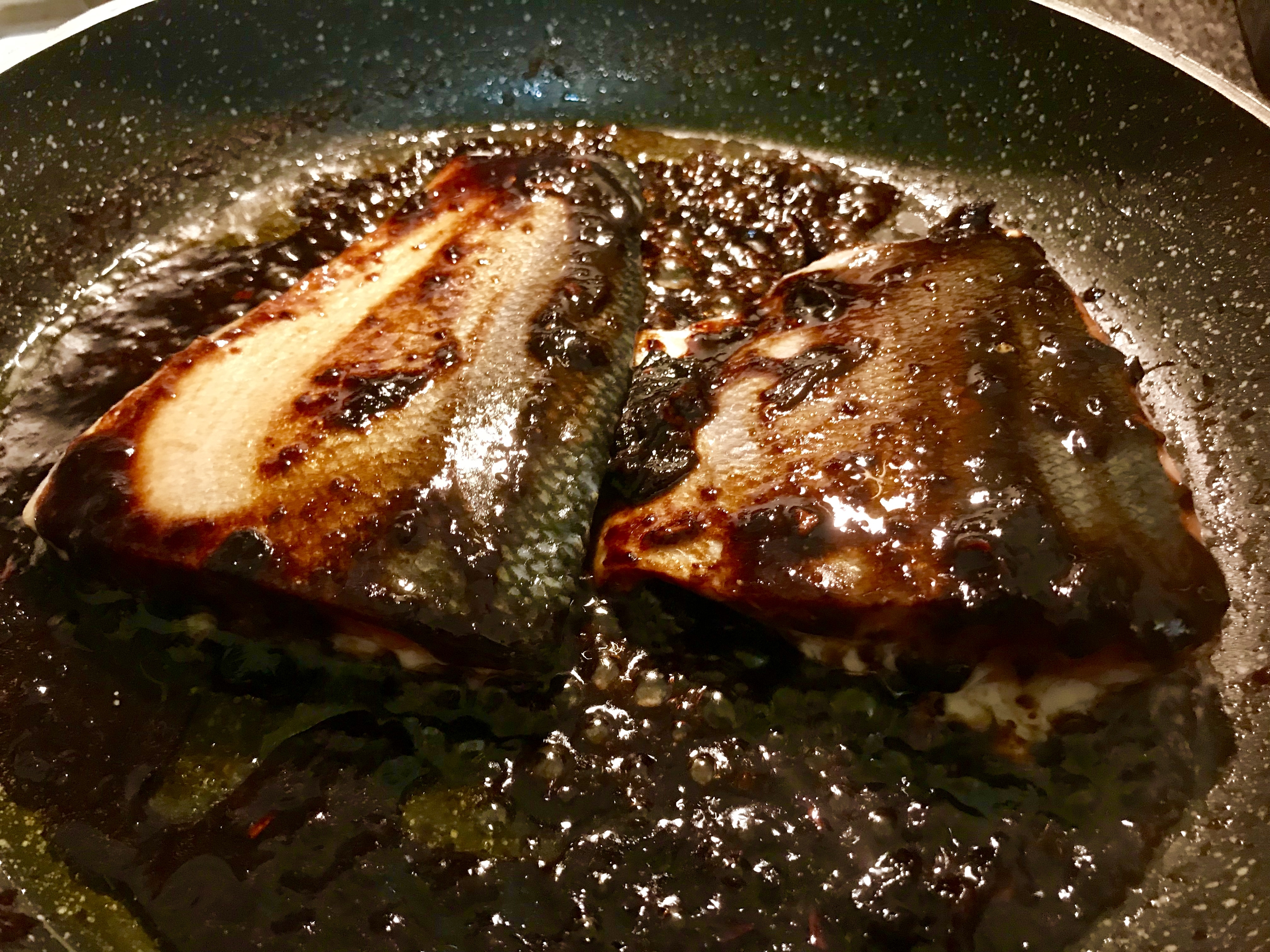 Salmon with black garlic glaze
